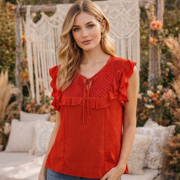 Dex Tops - Dex Red Sleeveless Ruffled Tie Front Blouse Boho Feminine Lace Detail Top